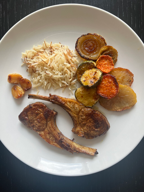 Chef Rec Rx — seared lamb chops with rice and roasted sweet potato and squash on a white plate